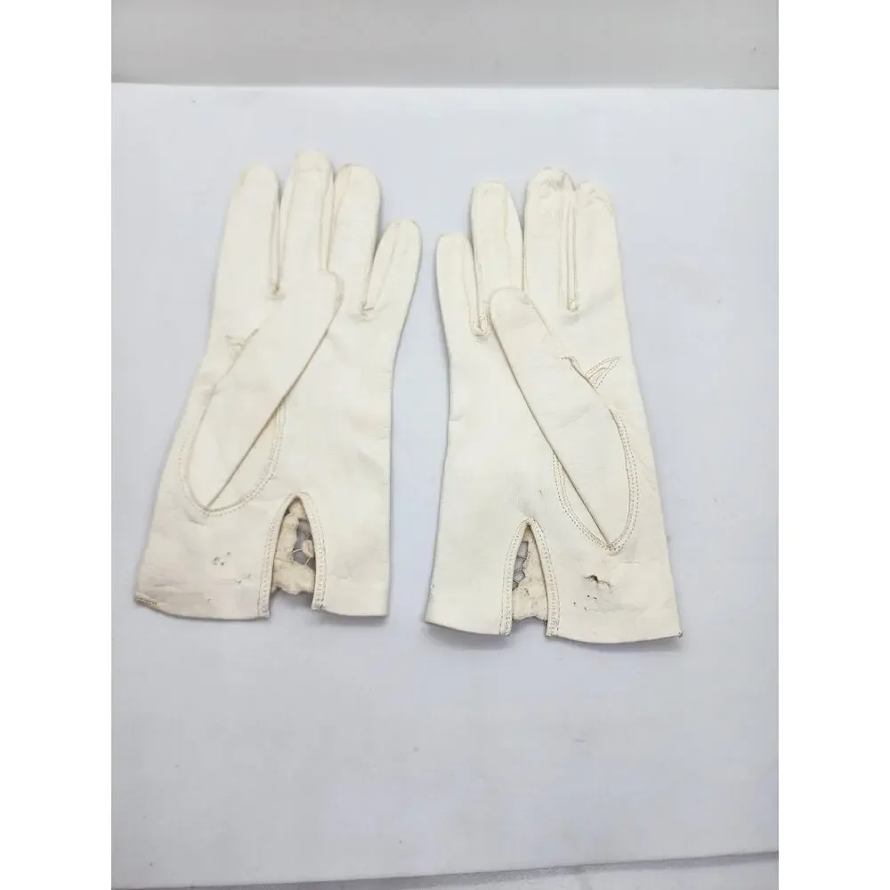 Vintage White Leather Gloves Womens Floral Lace Cutout Insert Wrist